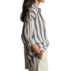 Relaxed-fit collared blouse with vertical navy and white stripes, button front and sleeves