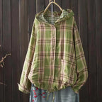 Green and tan plaid hooded cotton-linen overshirt with snap front and patch pockets
