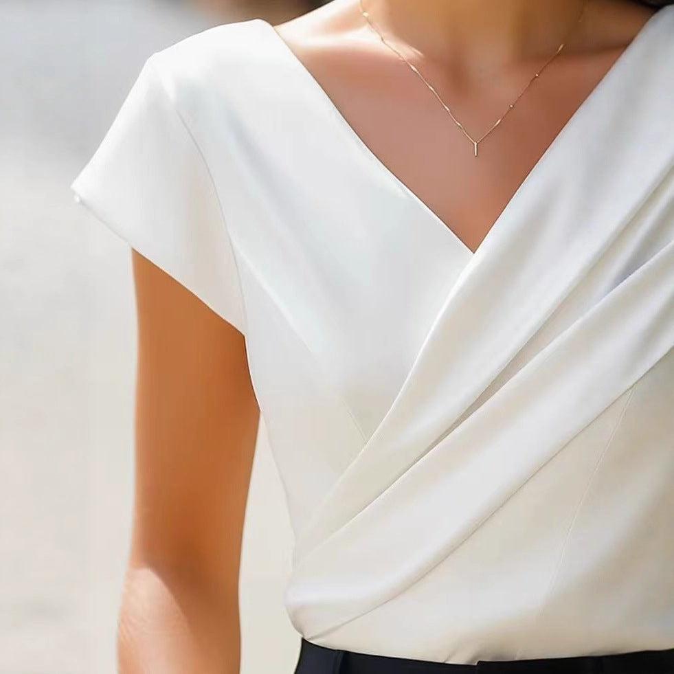 White V-neck t-shirt with short sleeves and diagonal wrap front