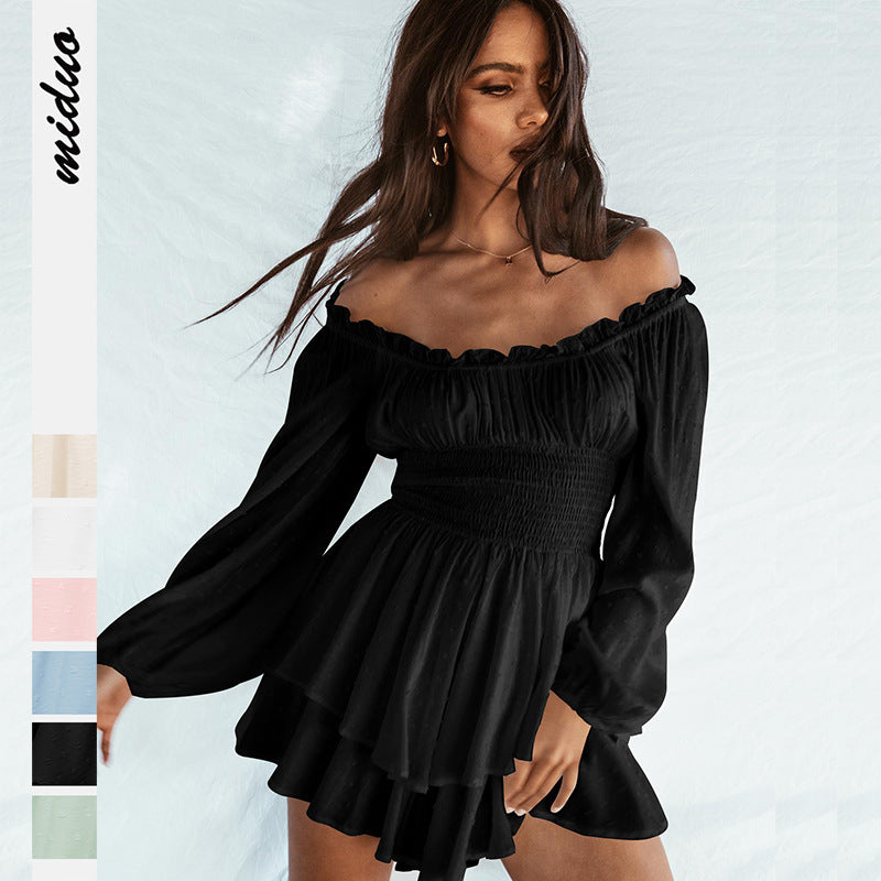 Black off-shoulder ruffle jumpsuit with long puff sleeves and tiered skirt