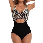 Women's cross one-piece swimsuit with leopard print top and black high-waist bottom