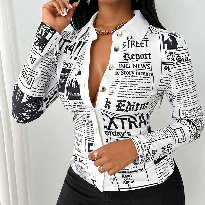 Women's Long Sleeve Casual Shirt - Spring&Fall Slim Fit Printed Blouse With Single Button Placket