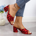 Red leopard print heeled sandals with square toe and block heel, ankle chain