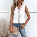 Women's Floral Lace Trim V Neck Tank Top Casual Hollow Out Sleeveless Eyelet T Shirt