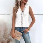Women's Floral Lace Trim V Neck Tank Top Casual Hollow Out Sleeveless Eyelet T Shirt