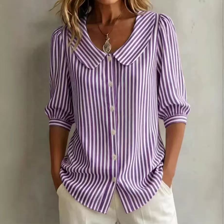 Purple-and-white striped V-neck button top with pointed collar and cuffed 3/4 sleeves