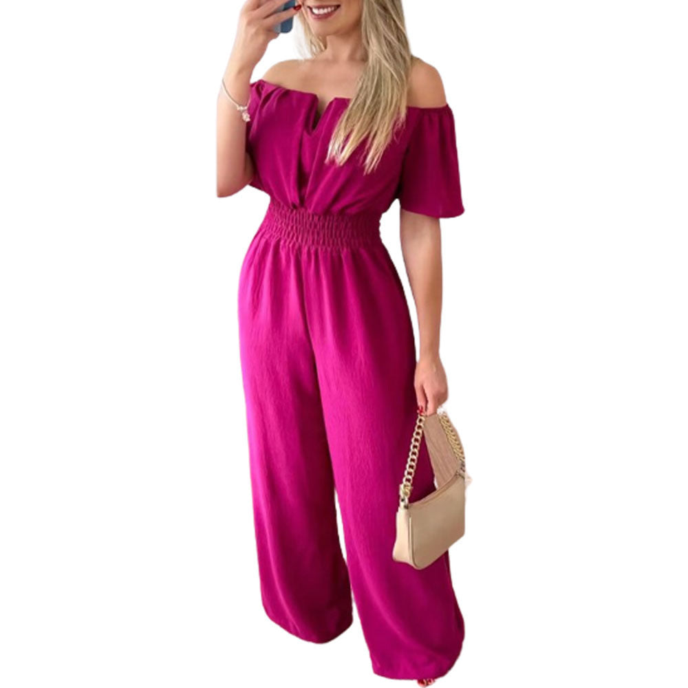 Women's fuchsia off-neck smocked waist jumpsuit with wide straight-leg pants