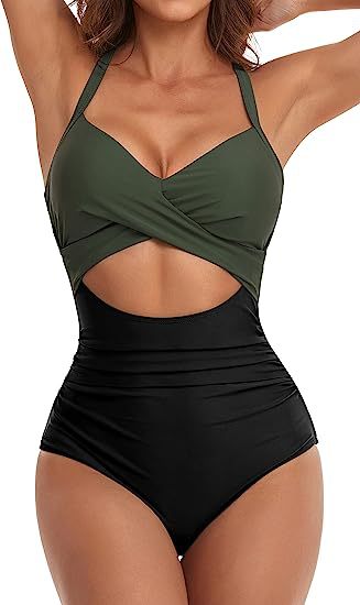 Olive green and black one-piece swimsuit with cross V neckline and waist cutout