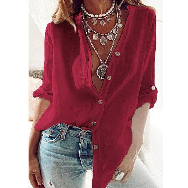 Relaxed V-neck long sleeve button-front top, burgundy red