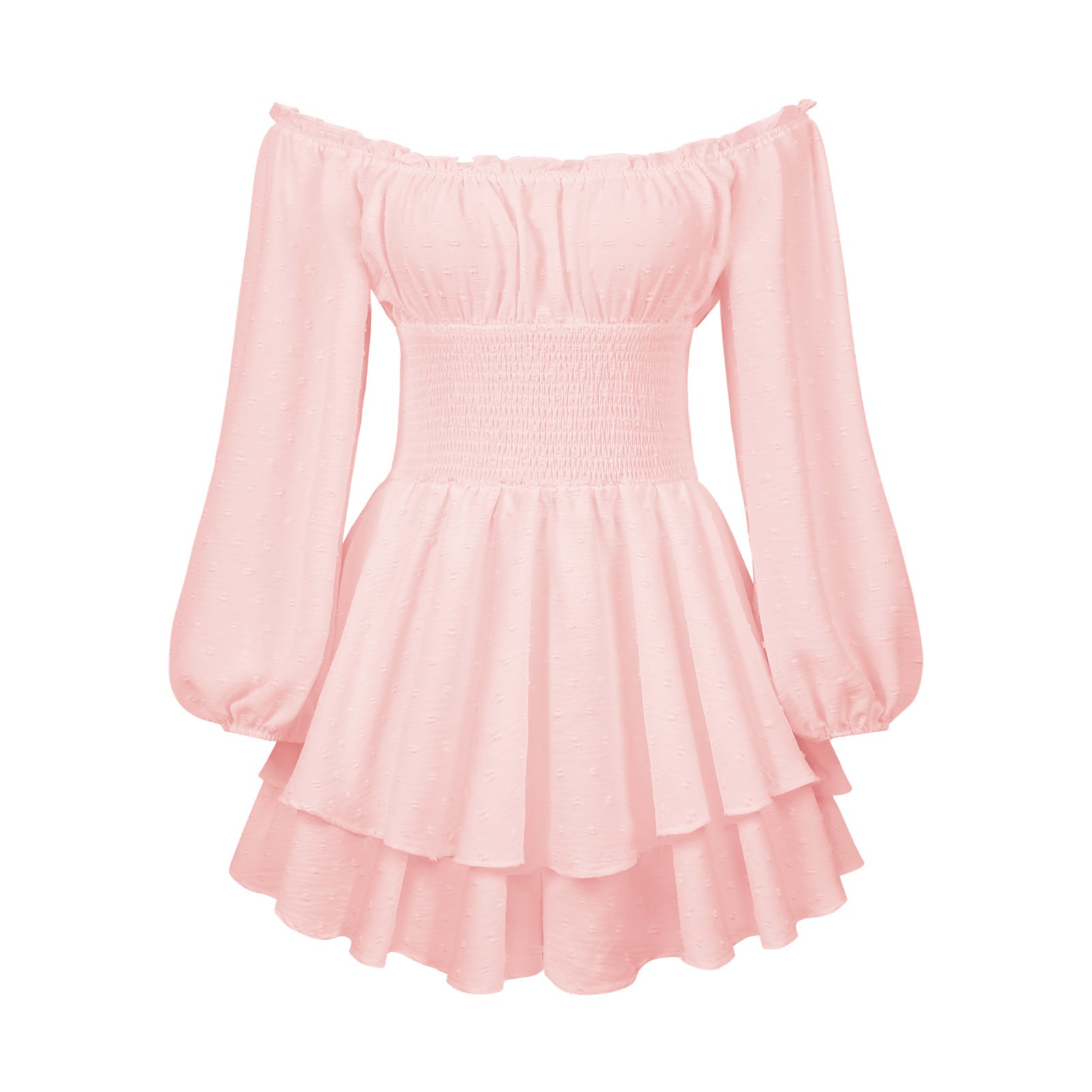 Pink off-shoulder ruffle jumpsuit flat lay with long sleeves and tiered skirt