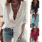 Relaxed V-neck long sleeve button-front top, white