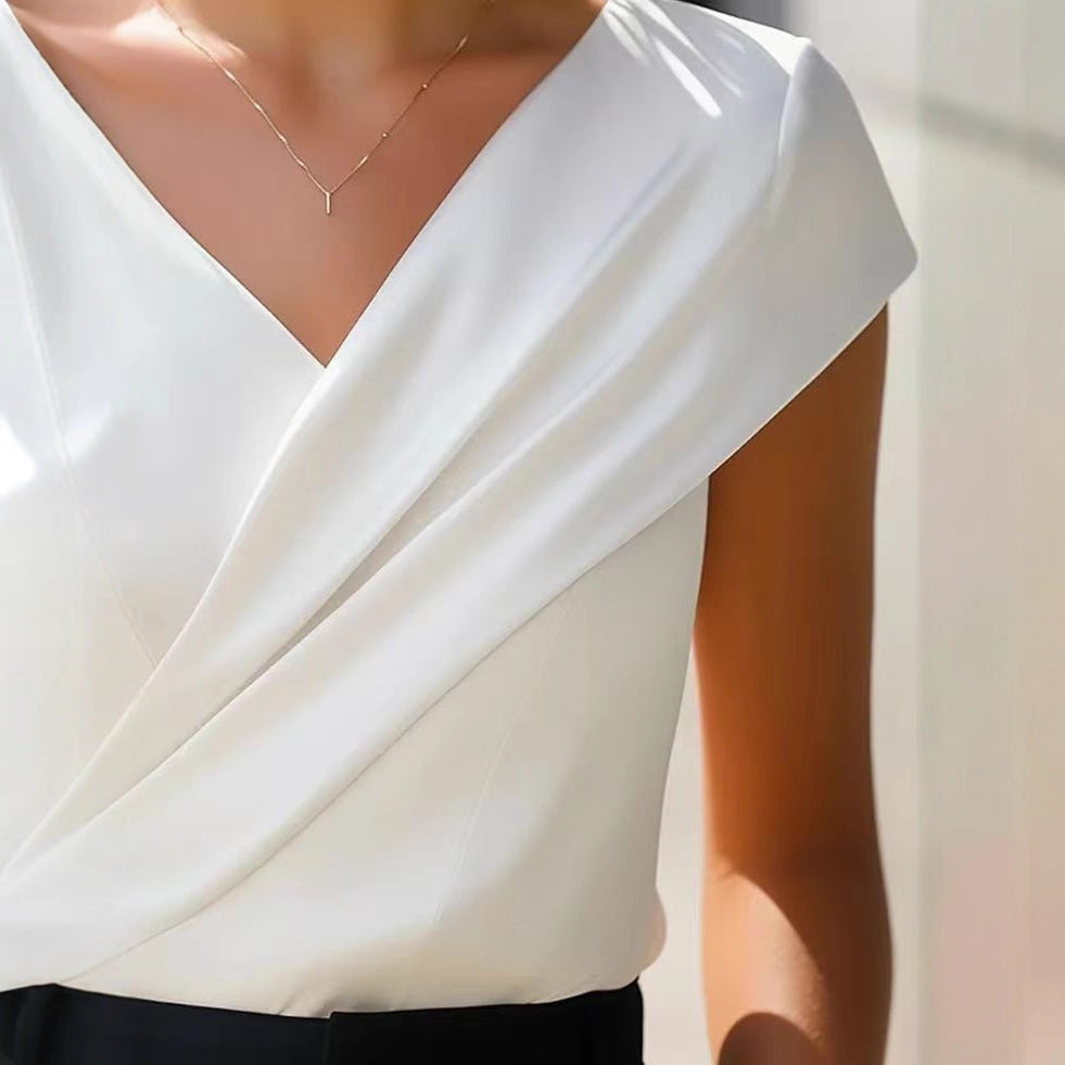 White V-neck t-shirt with short sleeves and diagonal wrap front, fitted