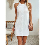 Women's Elegant Halter Neck Sleeveless Mini Dress Eyelet Embroidery A Line Short Dress