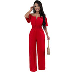 Women's red off-neck smocked waist jumpsuit with wide straight-leg pants