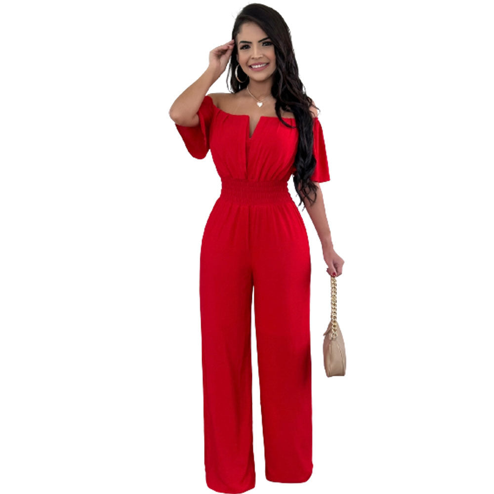 Women's red off-neck smocked waist jumpsuit with wide straight-leg pants