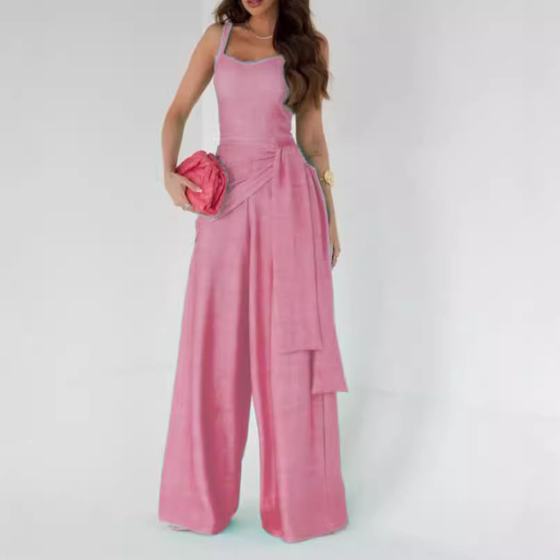 Women’s suspender-style wide-leg pants in pink with spaghetti straps and cargo pockets