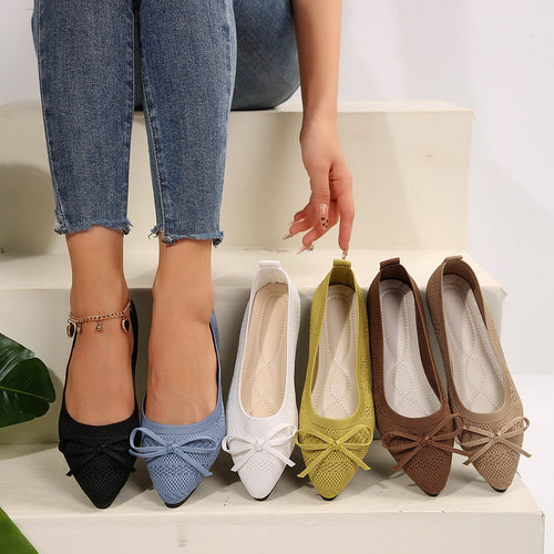 Assorted knit pointed-toe loafers with bows in black, blue, white, green, and brown