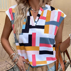 Womens Summer Tops Trendy Geometric Pattern Cap Sleeve V Neck T-Shirts Dressy Casual Short Sleeve Blouses