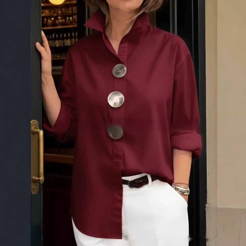 Wine red stand-collar shirt with three metal buttons and 3/4 sleeves