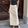 Beige high-waist denim midi skirt with front slit and button-front design