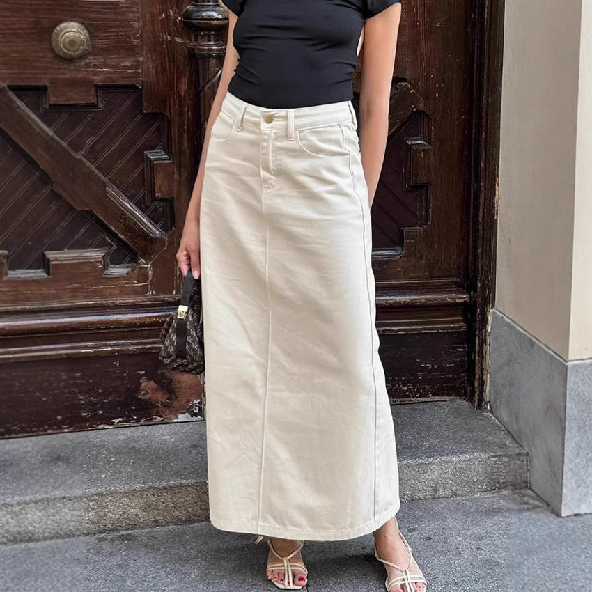 Beige high-waist denim midi skirt with front slit and button-front design