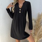 Women's Fashionable New Button Flat Neck Lace Border Pleated Dress