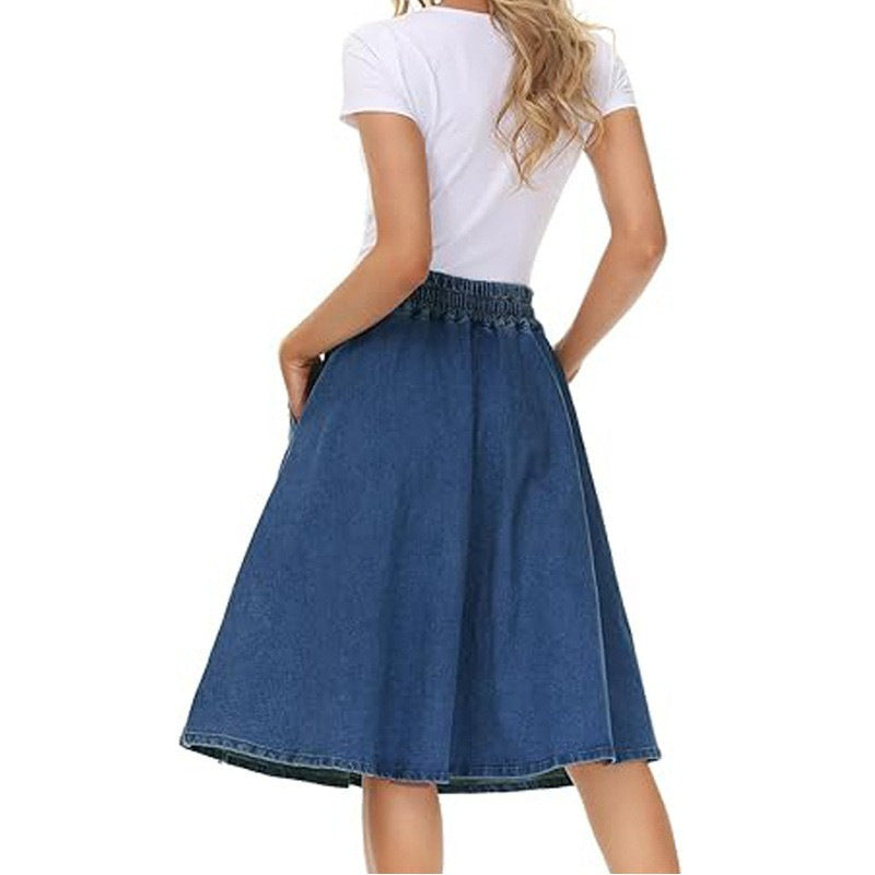 Blue denim A-line skirt with shirred waistband and pockets