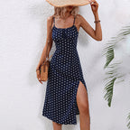 Women's Summer Casual Boho Sundress Polka Dot Sleeveless Spaghetti Strap Backless Side Slit Dresses