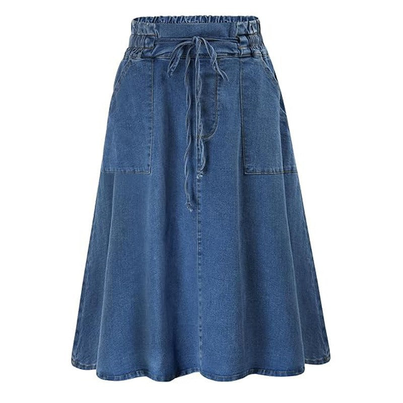 Blue denim midi skirt with elastic waist and tie drawstring at front