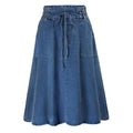 Blue denim midi skirt with elastic waist and tie drawstring at front