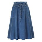 Blue denim midi skirt with elastic waist and tie drawstring at front