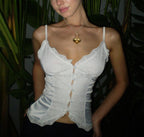 White lace V-neck camisole with button placket and spaghetti straps