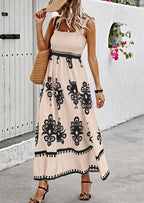 Women’s sleeveless square-neck printed dress with black lace-like border trim