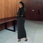 Autumn And Winter Women's Shirt Midriff-baring Long Sleeve Top Elastic Waist Skirt Suit