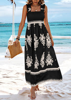 Women’s sleeveless square-neck printed summer dress with smocked elastic bodice