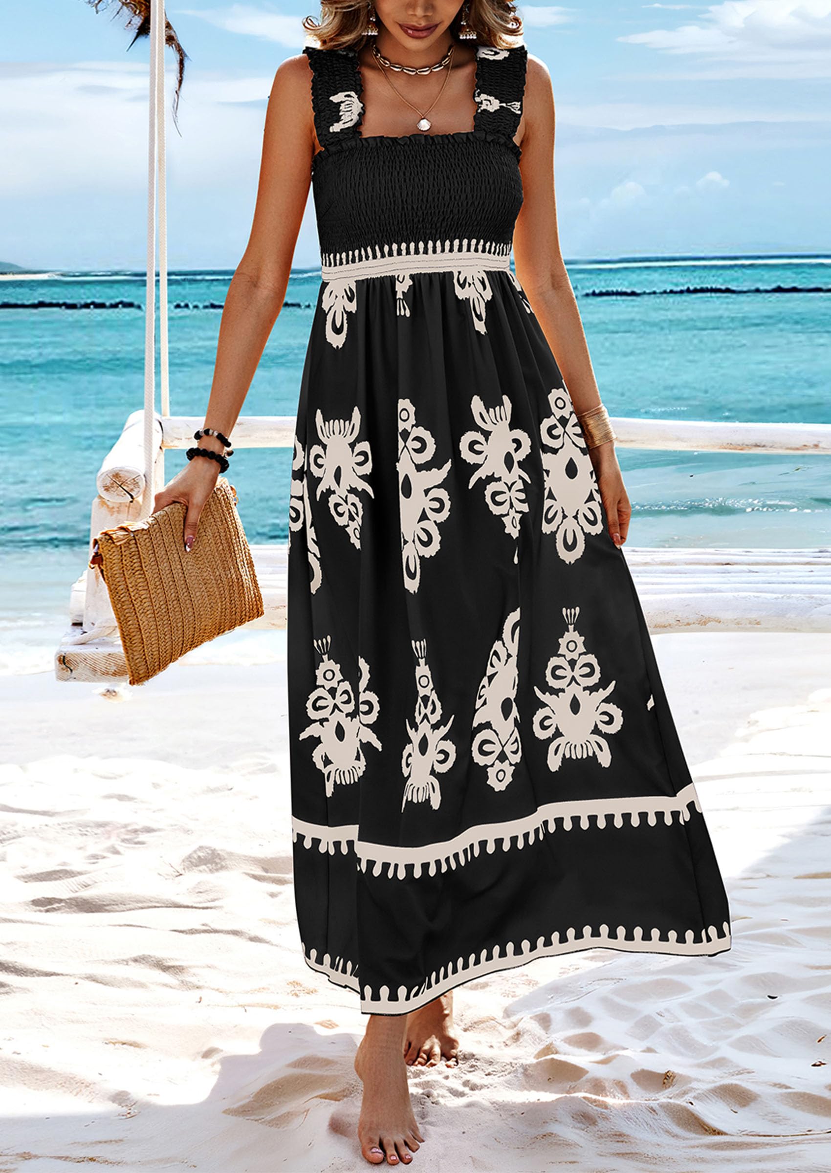 Women’s sleeveless square-neck printed summer dress with smocked elastic bodice