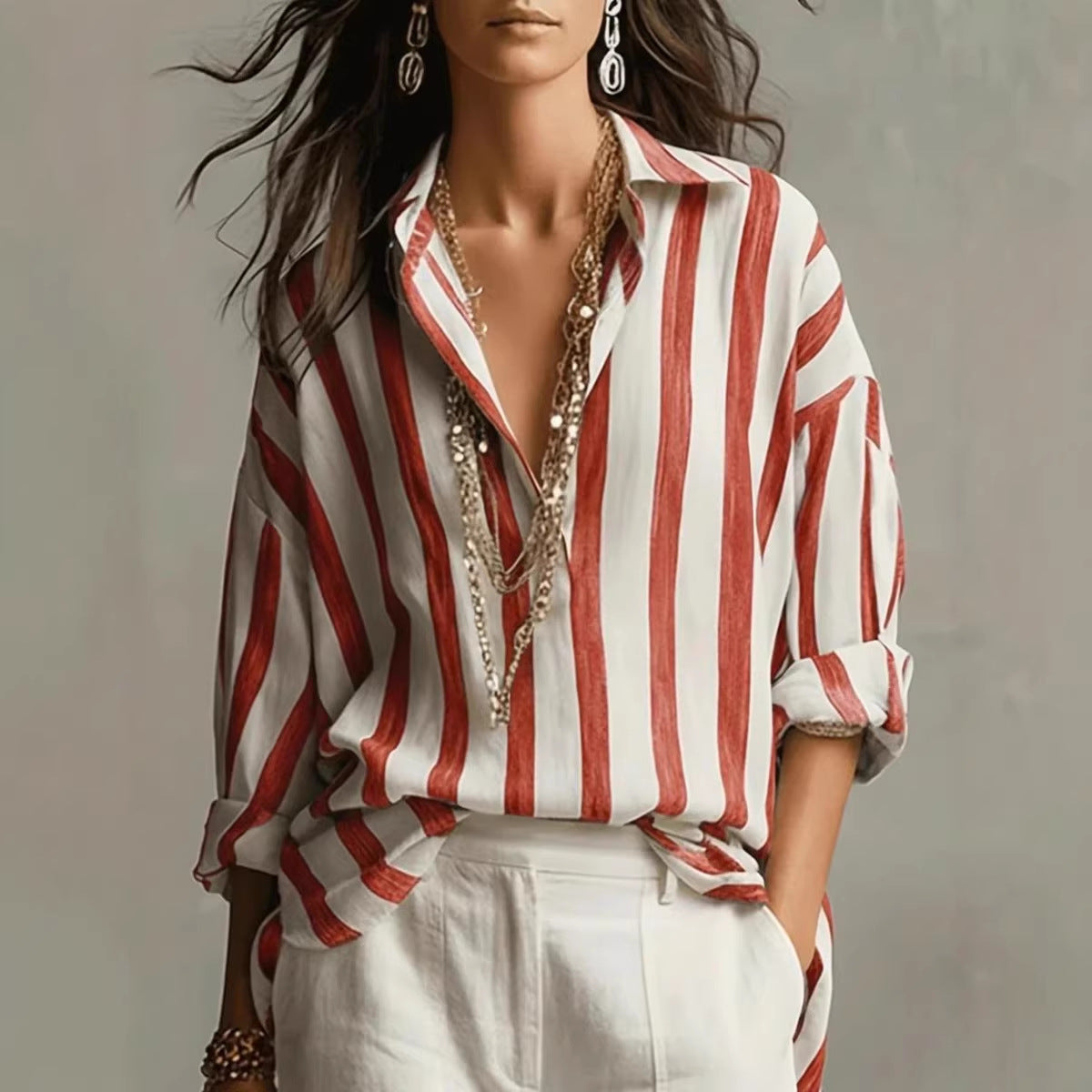 Relaxed-fit collared blouse with vertical striped print, white base and red stripes