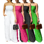 Set of four women’s solid-color strapless wide-leg jumpsuits in white, rose, black, and green