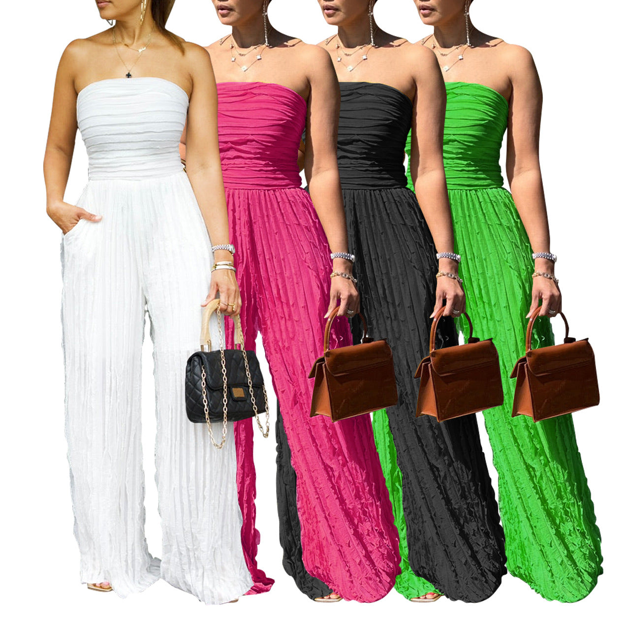 Set of four women’s solid-color strapless wide-leg jumpsuits in white, rose, black, and green