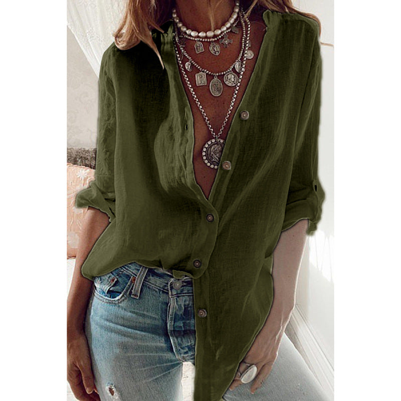 Relaxed V-neck long sleeve button-front top, army green