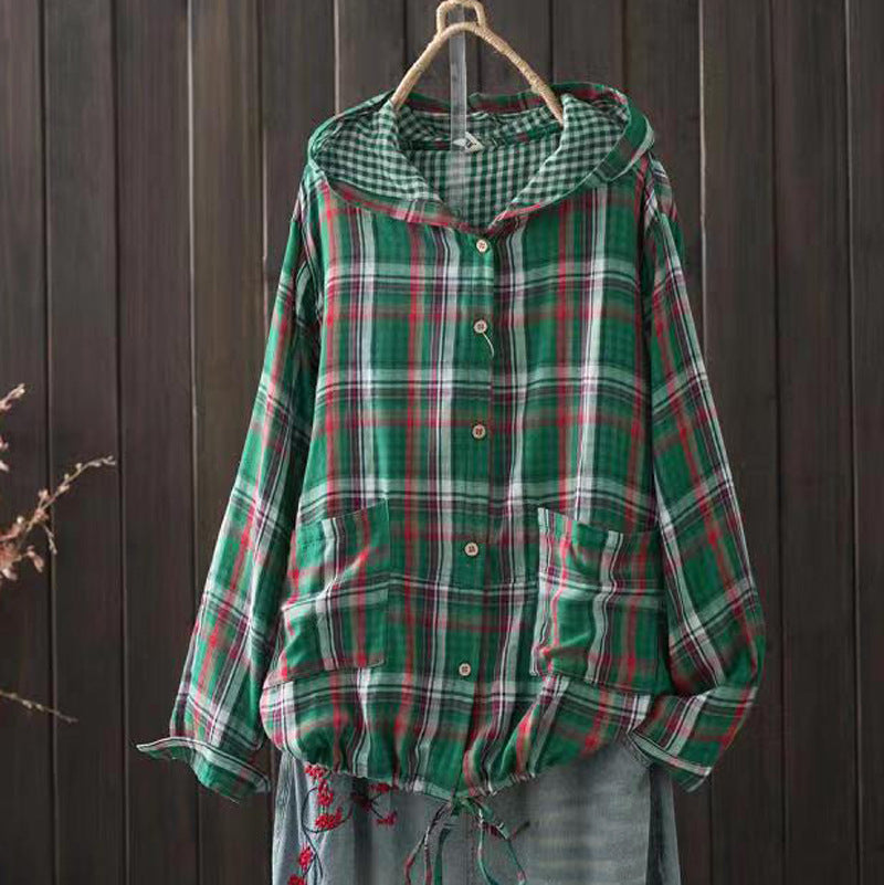 Green plaid hooded overshirt with button front and front pocket