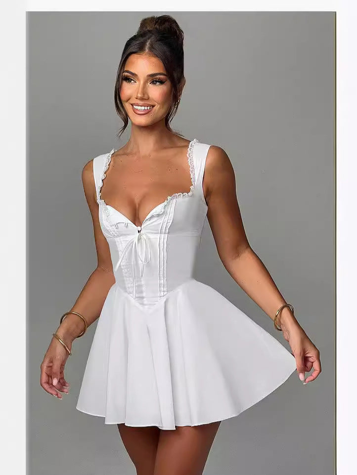 White retro fit-and-flare mini dress with lace-trim sweetheart neckline