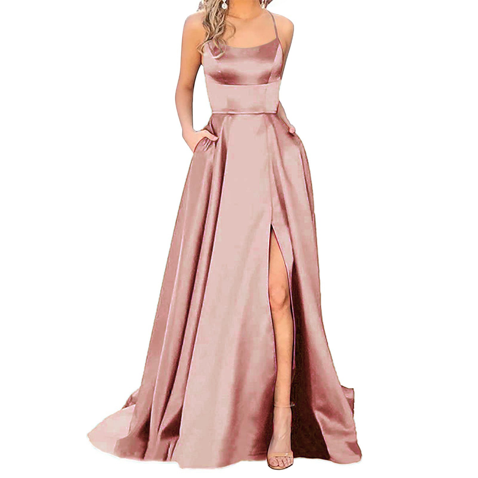 Rose pink satin long formal dress with spaghetti straps and front side slit