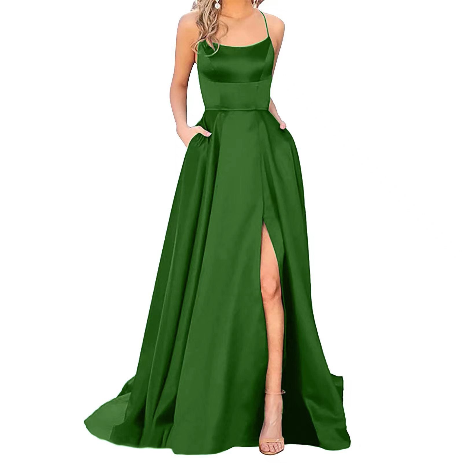 Green satin long formal dress with spaghetti straps and front side slit