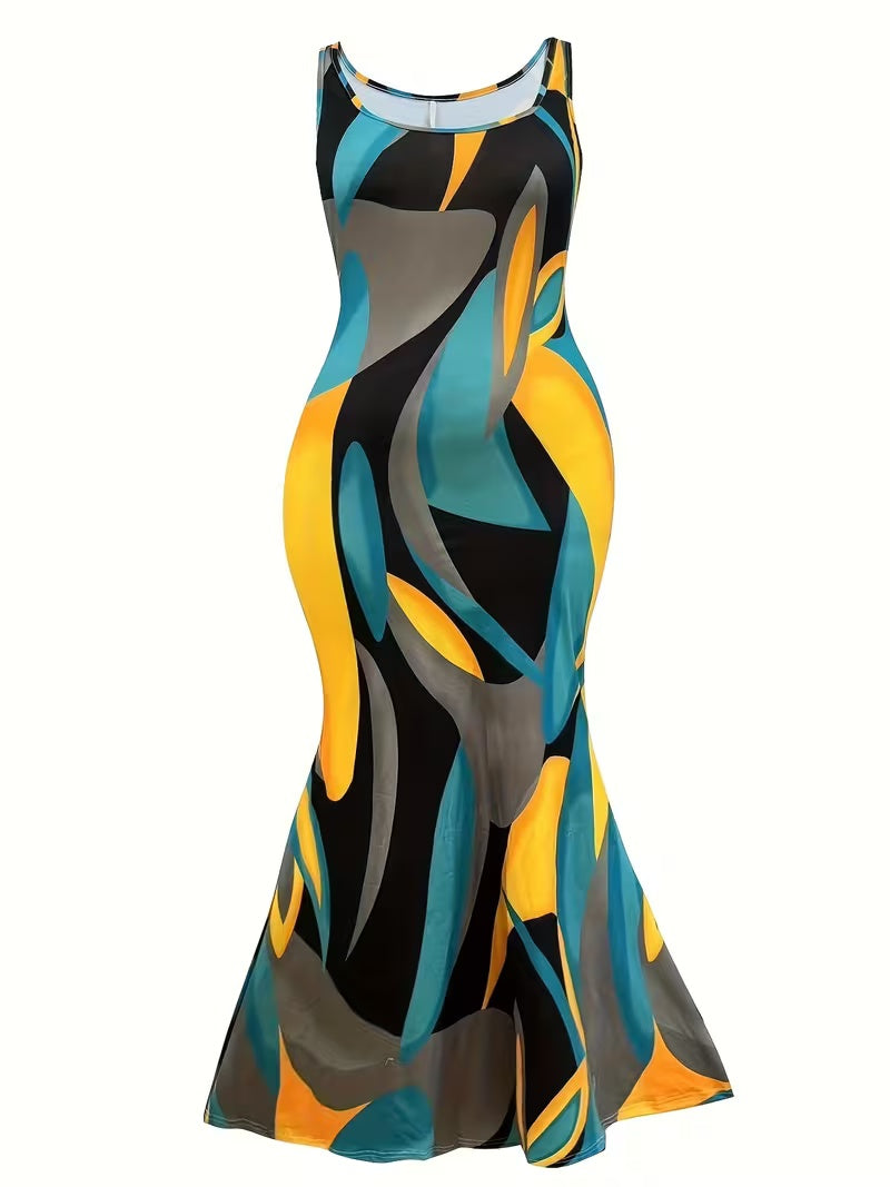 Sleeveless maxi dress with round neck and abstract color-block print, flared skirt