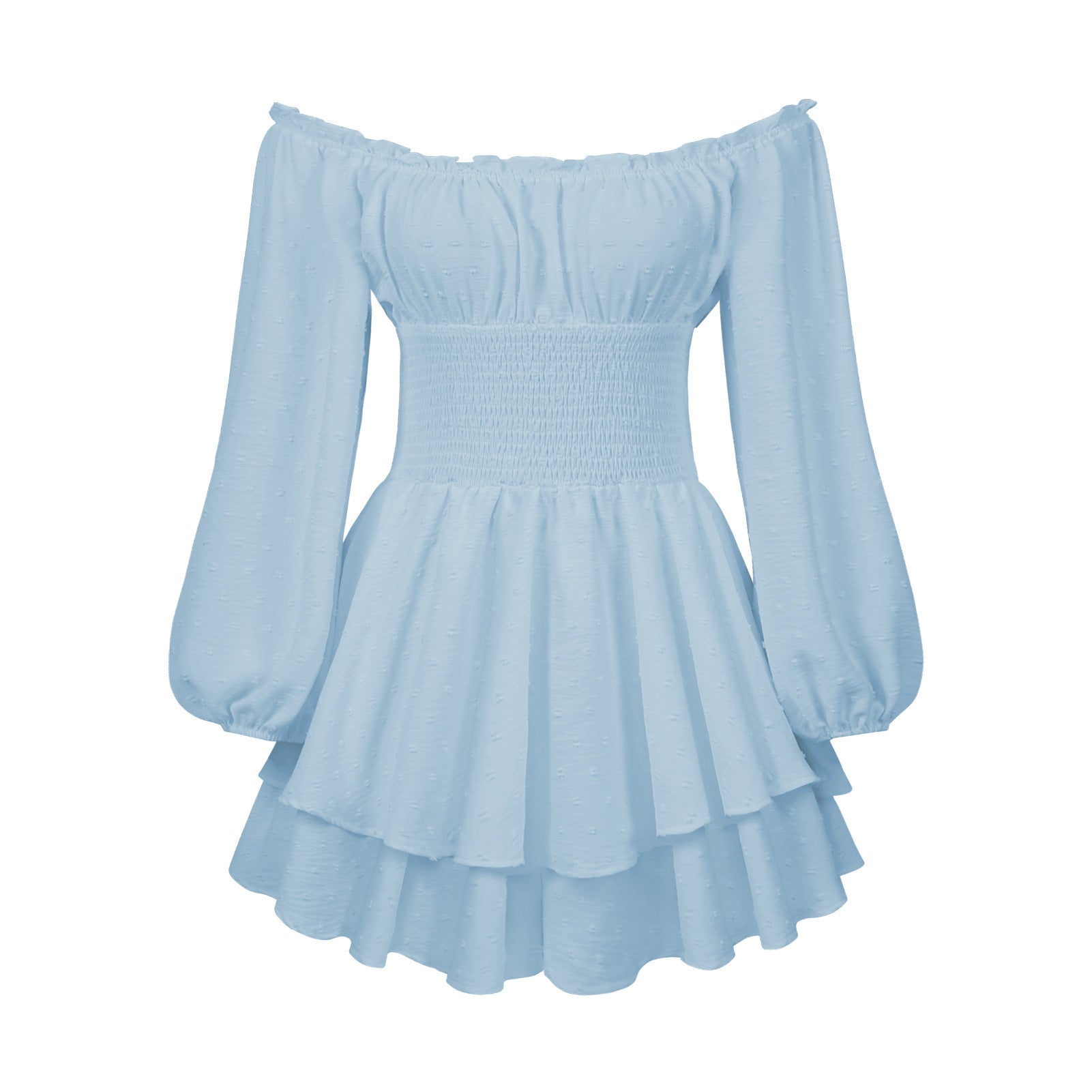 Blue off-shoulder ruffle jumpsuit flat lay with long sleeves and tiered skirt