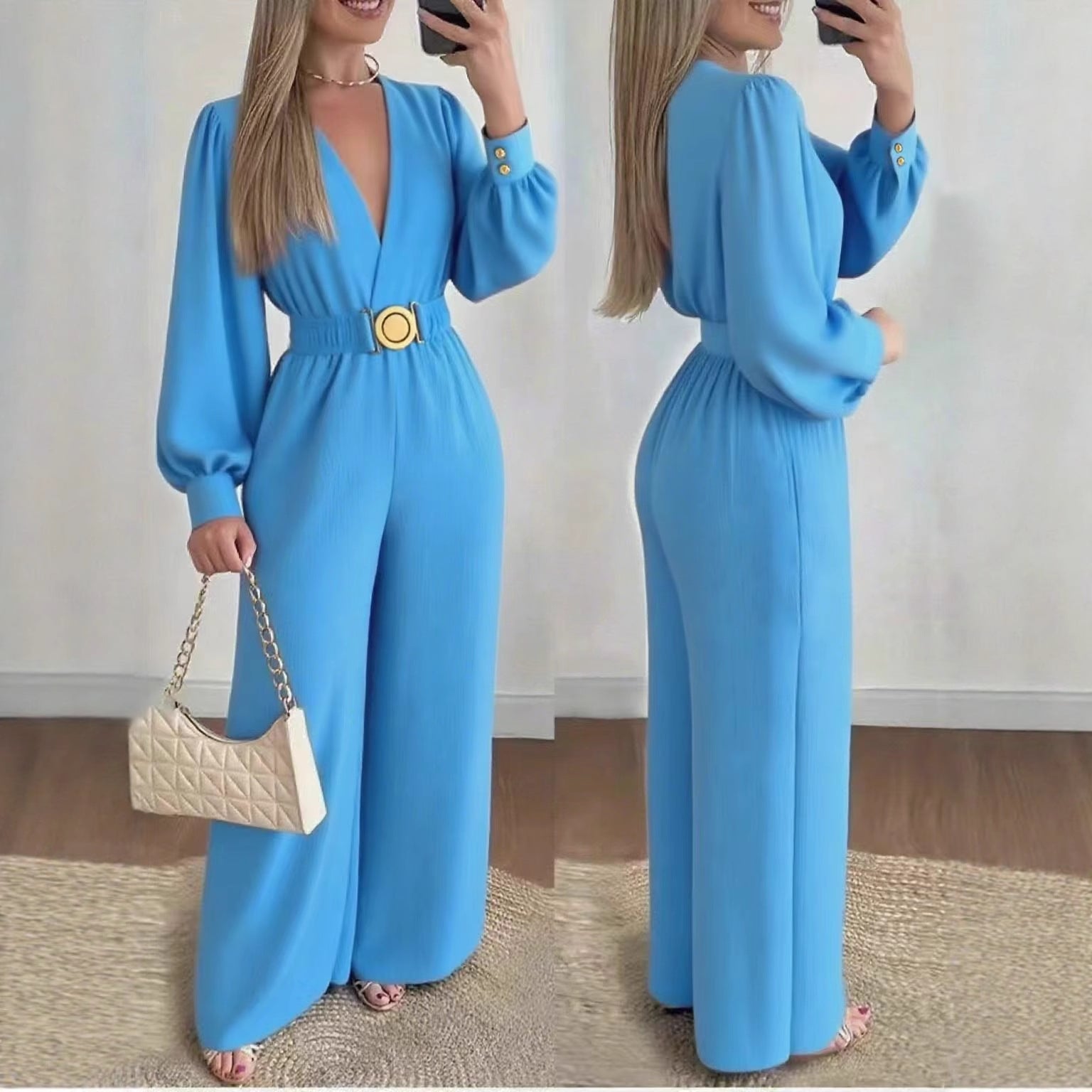 Sky blue deep V-neck slim-fit jumpsuit with long sleeves and round gold belt