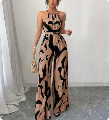 Brown-and-cream zebra-print suspender jumpsuit, halter neckline, tie waist, wide-leg pants