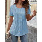 Women's Summer Pleated Button Short Sleeve T-Shirt Summer Crew Neck Solid Color Casual Top