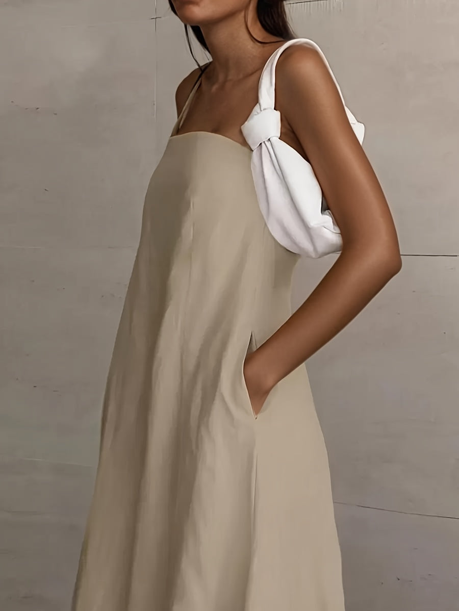 Strapless backless linen maxi dress in light cream with side tie detail